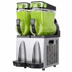 Dwukomorowy granitor w stalowej obudowie wypełniony intensywnie zieloną granitą o smaku limonki, z grafiką limonek na górnej części zbiorników. Zdjęcie podkreśla świeżość, kolor i zastosowanie syropu 5L w gastronomii, a więcej informacji można znaleźć na stronie hurtowni alelody.pl