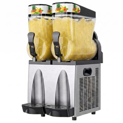 Dwuzbiornikowy granitor ze stalową obudową i przezroczystymi komorami wypełnionymi jasną, żółto-złotą granitą o tropikalnym charakterze, odpowiadającą syropowi Smakosz o smaku owoców egzotycznych 5L; więcej informacji można znaleźć na stronie produktu w hurtowni alelody.pl