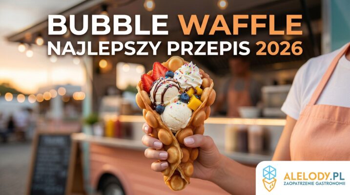 Chrupiacy bubble waffle zwinięty w rożek, wypełniony lodami waniliowymi, bitą śmietaną, truskawkami, borówkami i polewą czekoladową, trzymany przed food truckiem – przykład efektownego deseru idealnego jako zaopatrzenie lodziarni; więcej informacji znajdziesz na stronie alelody.pl