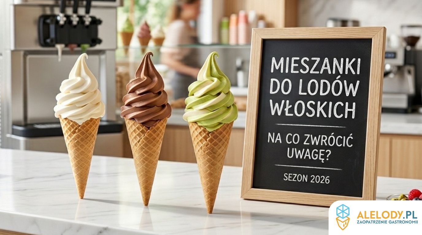 Trzy rożki lodów włoskich o smakach waniliowym, czekoladowym i pistacjowym stoją na ladzie obok tablicy z hasłem o mieszankach do lodów włoskich na sezon 2026, co dobrze wpisuje się w temat wyboru bazy dla gastronomii; więcej informacji można znaleźć na alelody.pl.