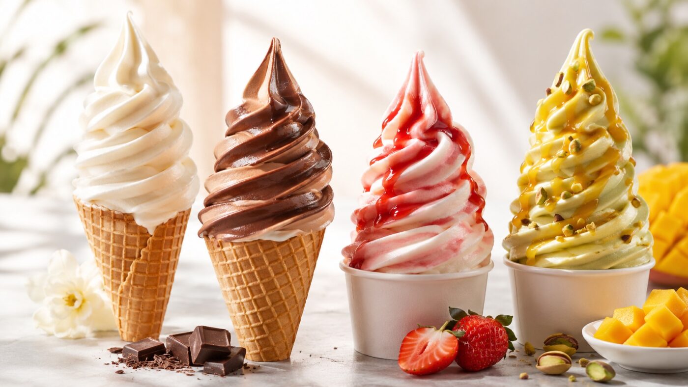 Cztery porcje lodów świderków w wafelkach i kubeczkach: śmietankowe, czekoladowe, truskawkowe oraz pistacjowo-mango z dodatkami owoców i czekolady, jako inspiracja smaków na lato 2026 dostępna szerzej na AleLody.pl