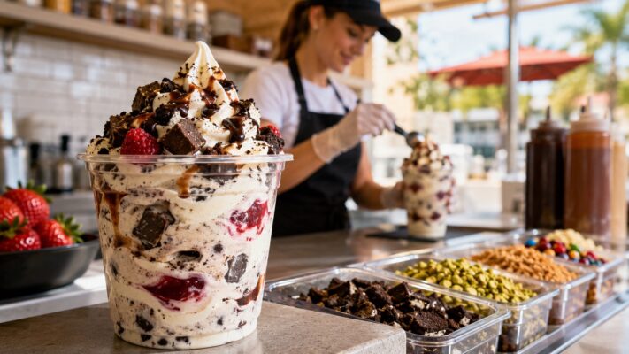 Kubek lodów typu Flurry z waniliową bazą, kawałkami czekoladowych ciastek, malinami i polewą czekoladową stoi przy pojemnikach z dodatkami, a pracownica przygotowuje kolejną porcję. Więcej informacji o deserach Flurry znajdziesz na AleLody.pl