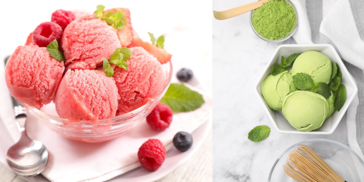 Czerwone lody owocowe z malinami i miętą oraz zielone lody podane obok sproszkowanego dodatku. Jak obliczyć liczbę porcji i wydajność lodów z proszku? Więcej informacji znajdziesz na alelody.pl